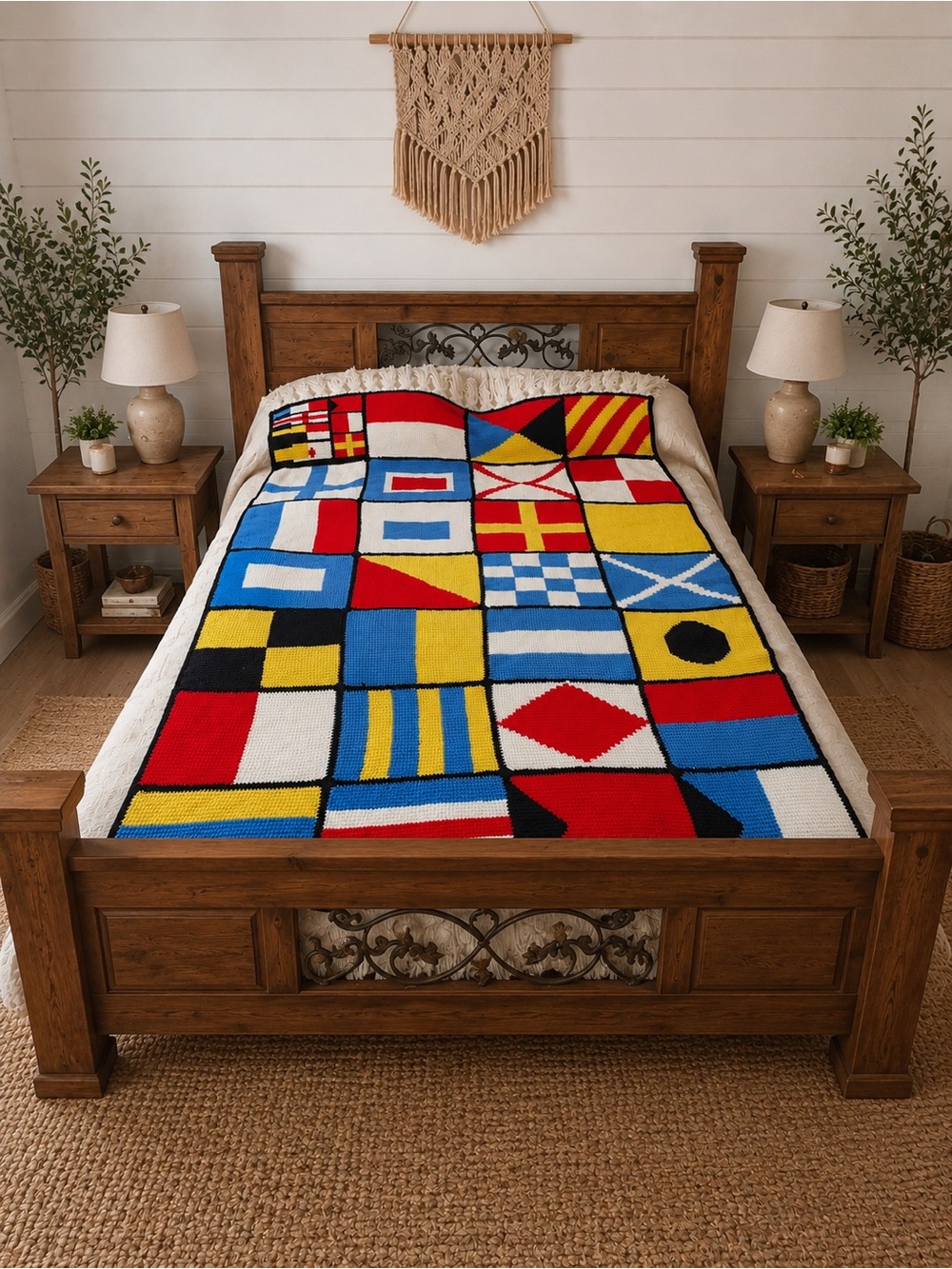 70" x 53" Vintage Maritime Flag Afghan Hand Made Tunisian Knit Throw Blanket